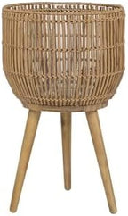 13" Round Rattan Planter with Wooden Stand, Natural Woven Rattan Planter, Rustic Boho Indoor & Outdoor Woven Flower Pot for Home and Garden Decor