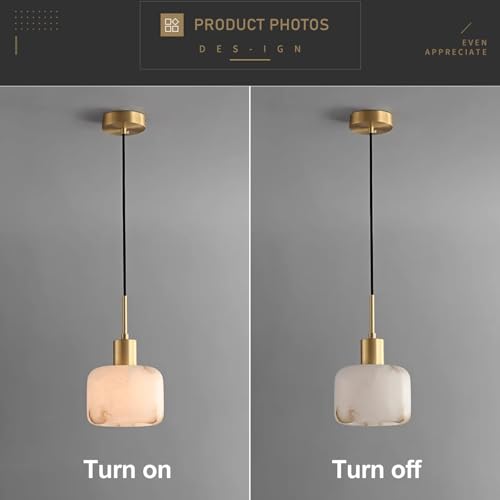 Alabaster Pendant Light Natural White Stone Shade Mini Hanging Lamp Kitchen Island Lighting with Solid Brass Body for Dining Room Bedroom, Adjustable Height 6.69", E26 Socket