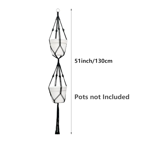Belit 2 Pack Double Macrame Plant Hangers 2 Tier Hanging Planter Basket Decorative Flower Pot Holder Rope for Indoor Outdoor Home Decor 51 Inch, Black - color: Black, size: 51"- 2 Tier