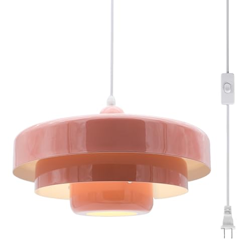 Hanging Lamp Pink Plug in Pendant Light Mid Century Modern Pendant Lamp Fixtures Nordic Hanging Light Style Pendant Lighting Metal Shade for Living Room Dining Room Bedroom Kitchen Island - color: Standard-Pink (13.5in)