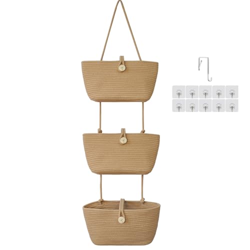 TeoKJ Over the Door Hanging Baskets with Wooden Button, 3-Tier Woven Cotton Storage Organizer Bag, Wall-Mounted with Hook Decorative Hanging Nursery Baskets, Jute - color: Jute, style: 3 tier+Wooden Button