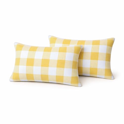 Native Fab Premium Throw Pillow Covers 2 Pack, 12x20 Inches, 100% Cotton, Vibrant Buffalo Plaid, Summer Check Cushion Cases, Bright Farmhouse Accent for Living Room, Outdoor, Lemon Yellow & White - color: Buffalo Lemon Yellow, size: 20" x 12" (Pack of 2)