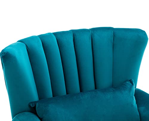 Kmax Teal Blue Accent Chair Velvet Wingback Chair with Pillow Nail-Head Channel Tufted Oversized Club Chair for Living Room Bedroom Guest Room - color: Teal Blue