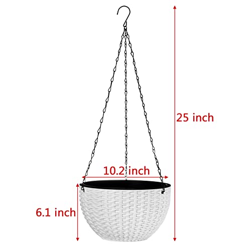 Foraineam 10.2 Inch Dual-pots Design Hanging Basket Planters Self-Watering Indoor Outdoor Hanging Flower Plant Pot with Drainer and Chain (White) (Pack of 3) - size: 10.2” (Pack of 3)