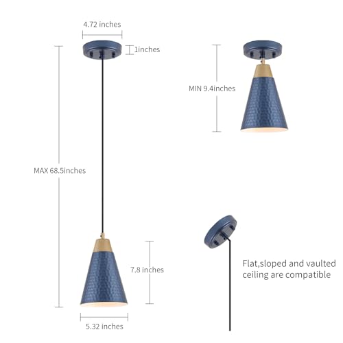 Dijiahua Blue Kitchen Pendant Lighting Over Island 3 Pack,Small Modern Farmhouse Chandeliers Navy Hammered Metal Shade,Mini Vintage Adjustable Cord Hanging Ceiling Lamp Fixtures Over Sink - color: Blue and Wood