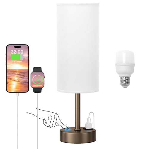 Dicoool Bedside Touch Table Lamps for Bedroom Nightstand with USB-C USB-A Charging Ports, White & Brown 3 Way Dimmable Small Desk Lamp for Office, Living Room, Reading, Dorm - color: White-Brown, size: 14in