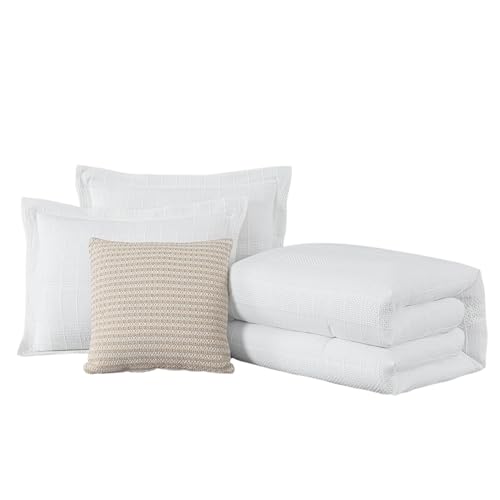 Chezmoi Collection 4-Piece Clip Jacquard Cotton Comforter Set King, Boho Chic Textured Tufted Basketweave Striped Bedding with Textured Woven Pillow Cushion, White - color: Yuki White, size: King