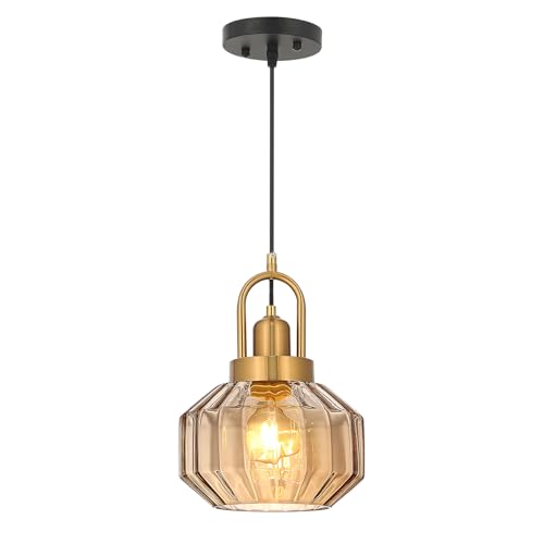 9in Mid Century Modern Pendant Light, Gold and Small Amber Glass | Vintage Lighting Fixture Ceiling Hanging Lamp for Kitchen Island Foyer Dining Room Bedroom Entryway Hallway Over Sink Table - color: Amber & Gold Hardwire, size: 9in