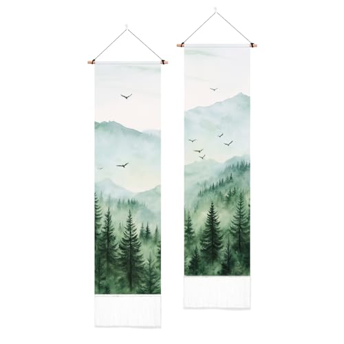 PLIGREAT 2 Pack Mountain Forest Tapestry Misty Foggy Forest Wall Hanging with Tassels Watercolor Tree Landscape Bird Aesthetic Wall Tapestry for Bedroom Bathroom Living Room Nature Scenery Tapestries - color: Green and White