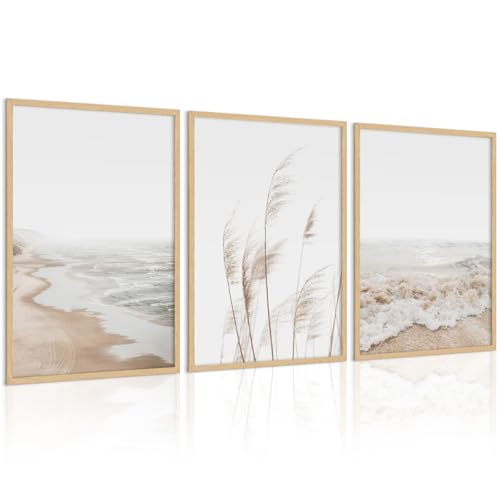Joocrise Beach Wall Art Boho Prints Coastal Canvas Wall Art Beach Pictures Pampas Grass Ocean Poster Plant Landscape Scene Artwork for Living Room Bedroom Decor 24x36 Inch Unframed Set of 3 - color: Beach Art Prints, size: 24x36 Inch Unframed