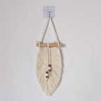 Megsv Handwoven Macrame Leaf Wall Hanging with Wood Beads - Natural Cotton Rope Wall Art for Boho Chic Home Decor, Rustic Interior Design (White)