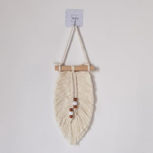 Megsv Handwoven Macrame Leaf Wall Hanging with Wood Beads - Natural Cotton Rope Wall Art for Boho Chic Home Decor, Rustic Interior Design (White)
