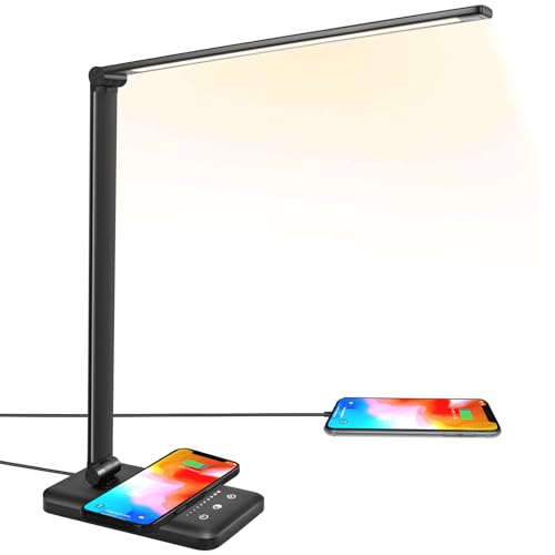 LED Desk Lamp with Wireless Charger, USB Charging Port, 10 Brightness, 5 Color Modes, Desk Lamps for Home Office, Dimmable Table Lamp Eye Caring Reading Light, Touch Control, Auto Timer, Black - color: Black, size: PRO