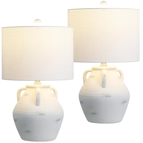 JONATHAN Y 20.5" White Ceramic Pottery Jar Table Lamp Set of 2 for Bedroom Living Room, Rustic Coastal French Country Cottage Style, White Linen Shade, LED Bulbs Included JYL5502A-SET2
