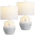 JONATHAN Y 20.5" White Ceramic Pottery Jar Table Lamp Set of 2 for Bedroom Living Room, Rustic Coastal French Country Cottage Style, White Linen Shade, LED Bulbs Included JYL5502A-SET2