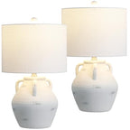 JONATHAN Y 20.5" White Ceramic Pottery Jar Table Lamp Set of 2 for Bedroom Living Room, Rustic Coastal French Country Cottage Style, White Linen Shade, LED Bulbs Included JYL5502A-SET2
