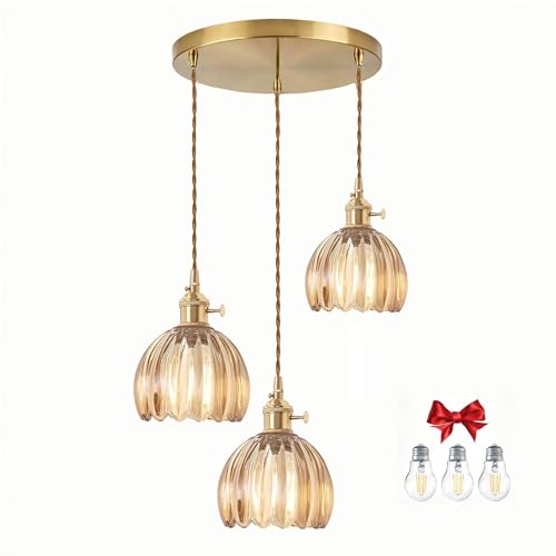 Amber Tulip Glass Pendant Light, 3 Natural Light Bulbs Included, Adjustable Cord with Switch, Suitable for Kitchen Island/Dining Room - color: Amber 3pcsTulip Pendant Light