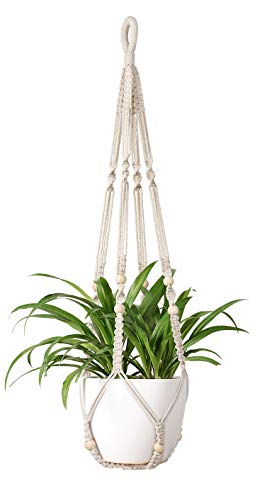 Mkono Macrame Plant Hanger Indoor Hanging Planter Basket with Wood Beads Decorative Flower Pot Holder No Tassels for Indoor Outdoor Boho Home Decor 35 Inch, Ivory, Set of 1 (POTS NOT Included) - color: Ivory