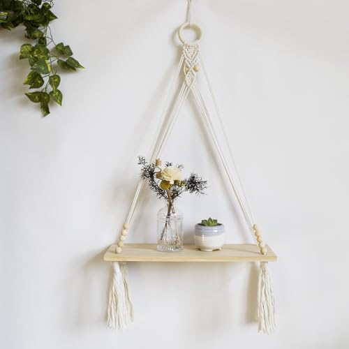 HVEST Macrame Wall Hanging Shelf Boho Wall Decor Floating Storage Book Shelf Beige Handmade Woven Tapestry for Bedroom Living Room Dorm Nursery Bathroom Wall Art Macrame Plant Hanger - color: Beige
