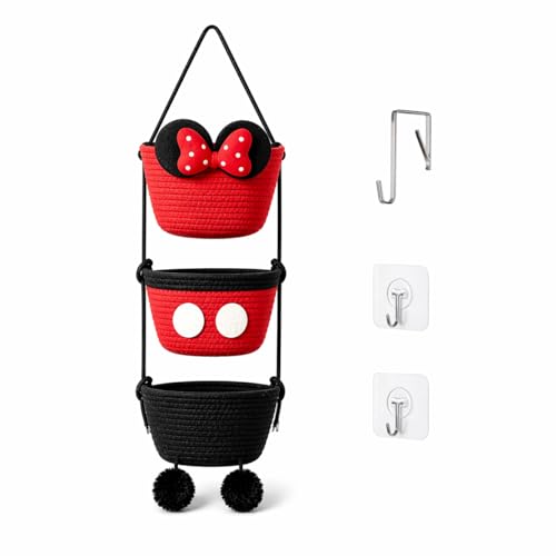 3 Tier Hanging Basket Organizer, Over the Door Woven Storage Baskets with Hooks, Cute Bow Wall Hanging Basket for Nursery Organization, Playroom Storage, Bathroom and Bedroom, Red Black