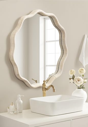 Kate and Laurel Rahfy Boho Scalloped Round Rattan Mirror, 32 Inch Diameter, White, Decorative Round Wavy Mirror with Authentic Rattan Frame for Boho Wall Decor