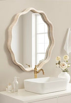 Kate and Laurel Rahfy Boho Scalloped Round Rattan Mirror, 32 Inch Diameter, White, Decorative Round Wavy Mirror with Authentic Rattan Frame for Boho Wall Decor