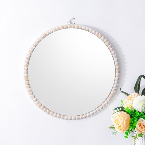 15inch Small Round Boho Beaded Mirrors for Wall Decor, Cute Decorative Hanging Wooden Circle Nursery Mirror for Girl Room, Bedroom, Livingroom - color: Round