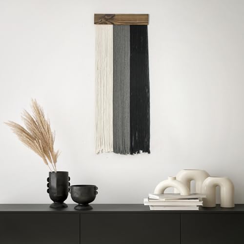 HVEST Black and White Grey Macrame Wall Hanging Boho Wall Decor Handmade Woven Wood Wall Art for Living Room Bedroom Office Nursery Apartment Yoga Room Headstock Decor, 30.7L X 11.8W inches - color: Black