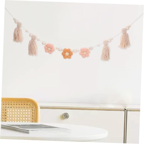 Beavorty Boho Tassel Wall Hanging Ornaments with Wooden Beads, 2pcs Brown Flower Fringe Garland for Room and Party Backdrop Decor