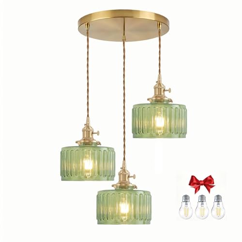 Green Striped Glass Pendant Light, 3 Natural Light Bulbs Included, Adjustable Cord with Switch, Suitable for Kitchen Island/Dining Room - color: Green 3pcs Ribbed Glass Pendant Light