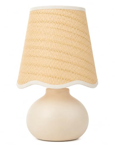 11" Small Mini Boho Table Lamp – Handmade Ceramic Cream Base with Scallop Woven Rattan Shade, Dimmable Plug-In Accent Light for Bedroom, Nightstand, Small Spaces, Kitchen Counter, Bookshelf - color: Airy Scallop Rattan Shade