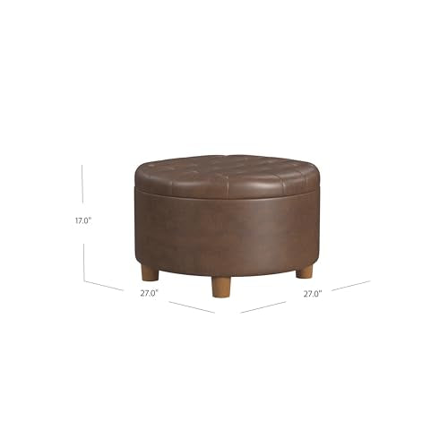 HomePop 28" Button Round Storage Ottoman - Brown Faux Leather - color: Brown Faux Leather