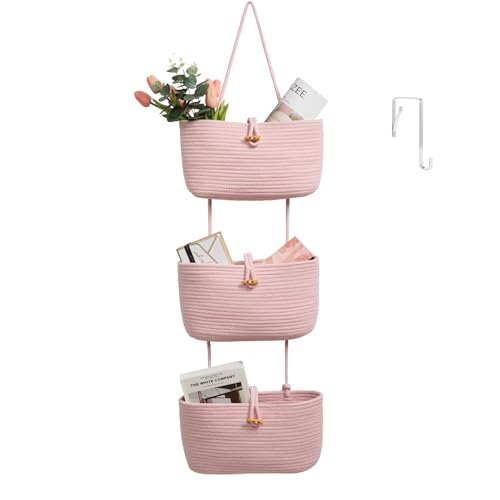 TeoKJ Over the Door Hanging Baskets with Button Strap, 3-Tier Woven Cotton Storage Organizer Bag, Wall-Mounted with Hook Decorative Hanging Nursery Baskets - Pink - color: Pink, style: 3 tier+Button
