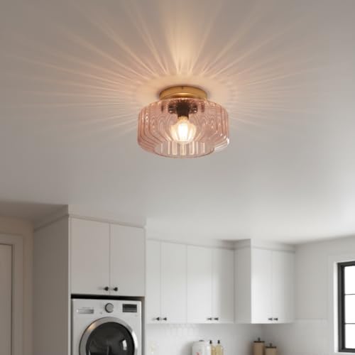 Pink Ribbed Glass Flush Mount Ceiling Light, 8.66" Modern Gold 1-Light Semi-Flush Mount Light Fixture, Mid-Century Round Ceiling Lamp for Bedroom Bathroom Hallway Entryway - color: Small, 8.66" Pink