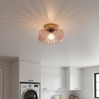 Pink Ribbed Glass Flush Mount Ceiling Light, 8.66" Modern Gold 1-Light Semi-Flush Mount Light Fixture, Mid-Century Round Ceiling Lamp for Bedroom Bathroom Hallway Entryway - color: Small, 8.66" Pink