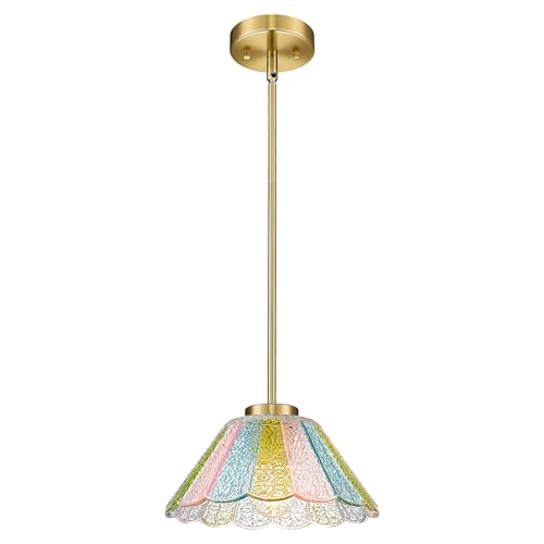 Gold Pendant Light, HWH 10.4-inch Hanging Light Fixture for Living Room, Dining Room, Bedroom, Pendant Lights Kitchen Island with Colored Floral Glass, Gold Finish, 5HJX110MIL BG-C - color: Gold+Colored Floral Glass