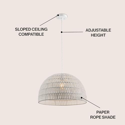JONATHAN Y 20" White Modern Bohemian Woven Rope LED Pendant Light Fixture, Adjustable Dome Ceiling Lamp for Kitchen Island, Rope Shade, Coastal Farmhouse Decor (JYL6504E) - color: White, size: 20"