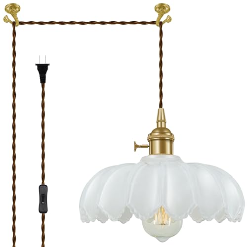 Plug-in Pendant Light Fixture, Hanging Light Fixture, Glass Pendant Light, Swag Lamp with Inline On/Off Switch for Kitchen Island, Bedroom, Dining Room, Living Room (White, 15 Ft Cord) - color: White, size: 15 ft