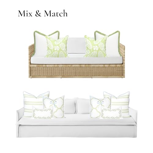 Hofdeco Premium Grandmillennial Coastal Hampton Patio Indoor Outdoor Throw Pillow Cover Only, 22"x22" Water Repellent for Backyard, Couch, Poolside, White Grass Green Solid - color: White Grass Green Solid 22"x22"
