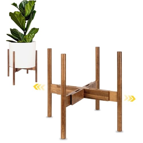 Fox & Fern Adjustable Plant Stand Indoor — 8 to 12 Inch Premium Mid Century Bamboo Plant Stand with Adjustable Width; Plug In Design; Easy to Assemble; Two Heights - For 8, 9, 10, 11 & 12 Inch Pots - color: Polished Bamboo, size: 8 - 12 Inch - Adjustable