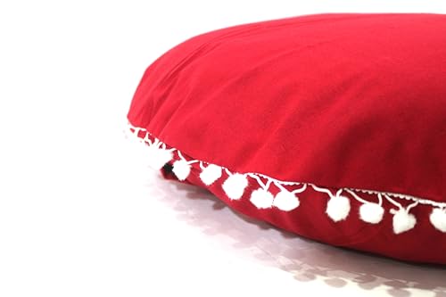 Round Mandala Floor Pillow Cover Seating Cushion Throw Cover Hippie Decorative Bohemian Ottoman Pouf Cover, Pom Pom Pillow Cases,Boho Indian (Red, 32" Round) - color: Red, size: 32"D x 4"W x 32"H