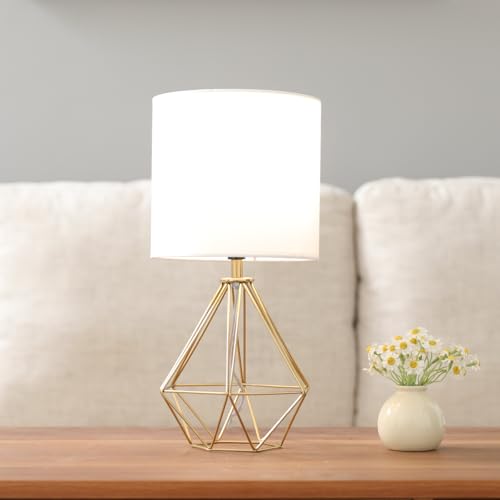 Gold Modern Small Table Lamp for Bedroom & Living Room - Geometric Metal Base, White Fabric Shade, Ideal for Bedside & Kids' Desk, Nightstand Lamp - color: Brass Gold