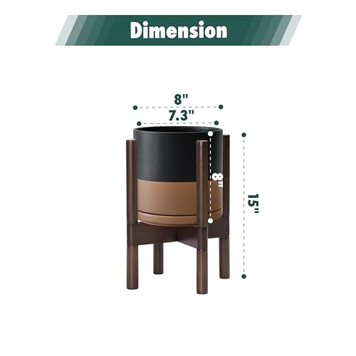 D'vine Dev Ceramic Planter with Walnut Color Stand - 8 Inch Modern Round Flower Pot with Wood Planter Holder, Black/Speckled Tan, 55-B-Y-7 - color: Black/Speckled Tan Pot + Walnut Color Stand, size: 8 Inch