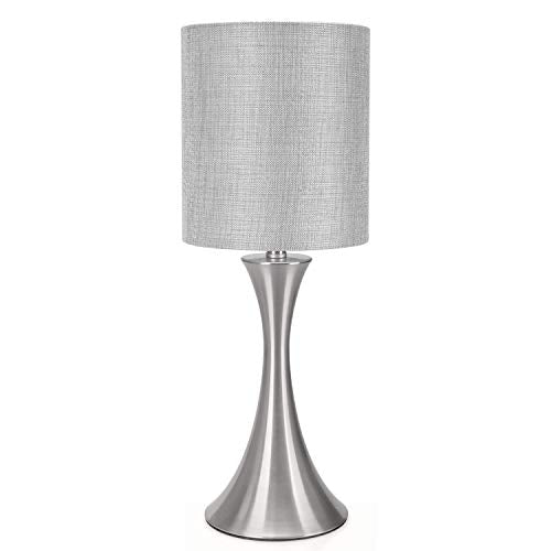 3 Way Touch Control Table Lamp, Dimmable Bedside Desk Lamp with Metal Base Modern Nightstand Lamp Stylish Grey Shade Simple Side Table Lamp for Bedroom, Living Room, Office or Den LED Bulb Included - color: Silver Base with Gray Shade