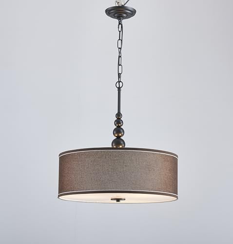 Shrine Lighting Drum Chandeliers, Farmhouse Style, Perfect Drum Pendant Light for Dining Room, D21'' x H8'', Adjustable Chains 59'', E26*3 Sockets, Brown Linen Fabric Lampshade & Black Rod - color: Brown&Black D20''