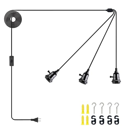 DITEDY 3-Light Plug in Pendant Light Kit, Hanging Lights with Plug in Cord 21FT Hanging Lamp Cord with On/Off Switch, DIY Vintage Black Pendant Lamp E26 Socket for Bedroom Kitchen Island