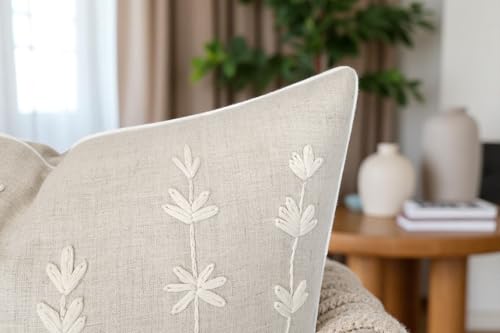 VAGMINE Embroidered Wildflower Floral 18x18 Throw Pillow Cover - Natural Linen Square Cushion for Sofa Couch Bed - Cottagecore Farmhouse Spring Decor - Daisy - color: Natural-daisy, size: 18" x 18" (Pack of 1)