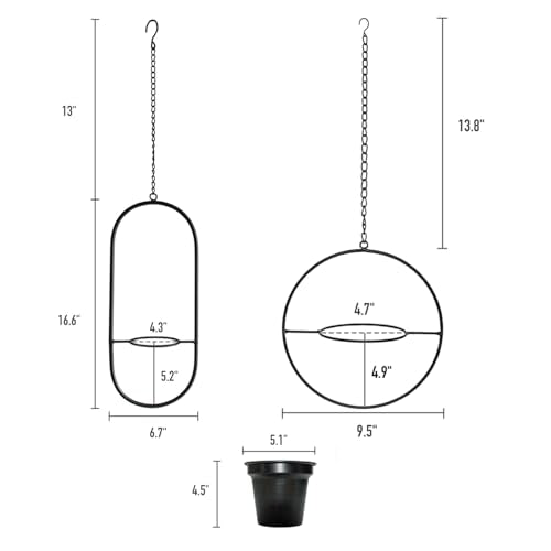 Modern Metal Hanging Planters Set of 2 - Round and Oval Geometric Plant Hangers with 5 Inch Pots - Black Wall and Ceiling Mount Flower Holders for Indoor and Covered Outdoor Décor - size: CIRCLE +OVAL - 5 INCH POT