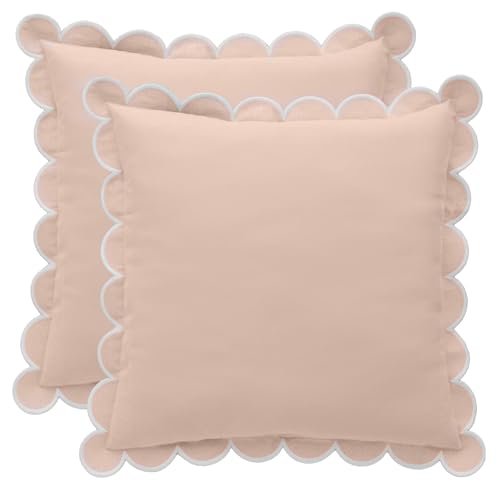 BEBE BASK Scalloped Pillow Cover - Set of 2-18 x 18 Inch - Scallop Pillow Covers – Peach Pink Scalloped Pillows - Scallop Pillows - 100% Cotton - Grandmillennial Style (Peach Pink/White) - color: Peach Pink/White