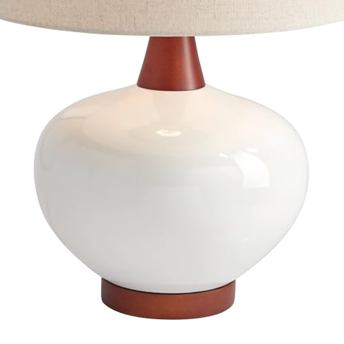 360 Lighting Brice Mid Century Modern Accent Table Lamp 23" High Ivory Ceramic Wood Neck Off White Tapered Drum Shade for Bedroom Living Room House Home Bedside Nightstand Office Family - color: Wood and White Smooth Ceramic